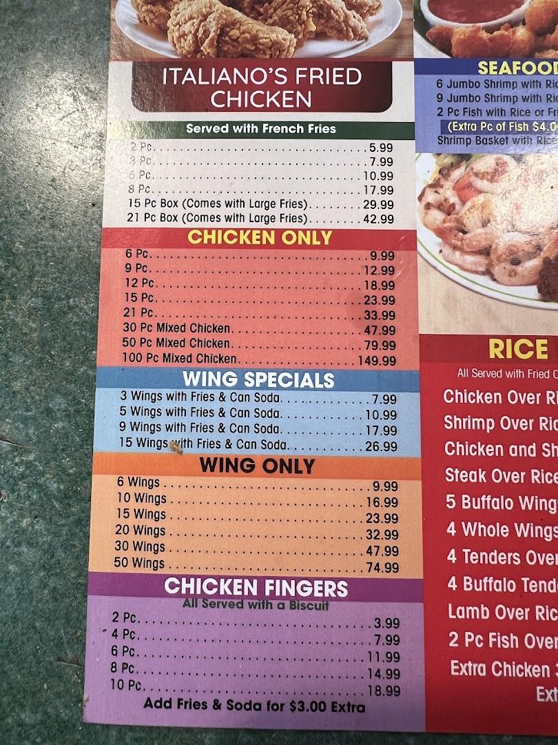 Italiano's pizza and wings, and fried chicken